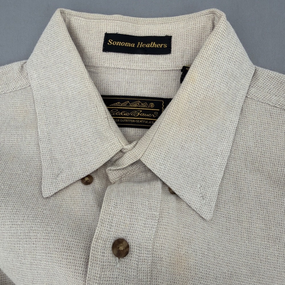 Vintage 90s Eddie Bauer Denim Shirt Mens M 100 Cotton Beige Button Down Workwear - Picture 12 of 15